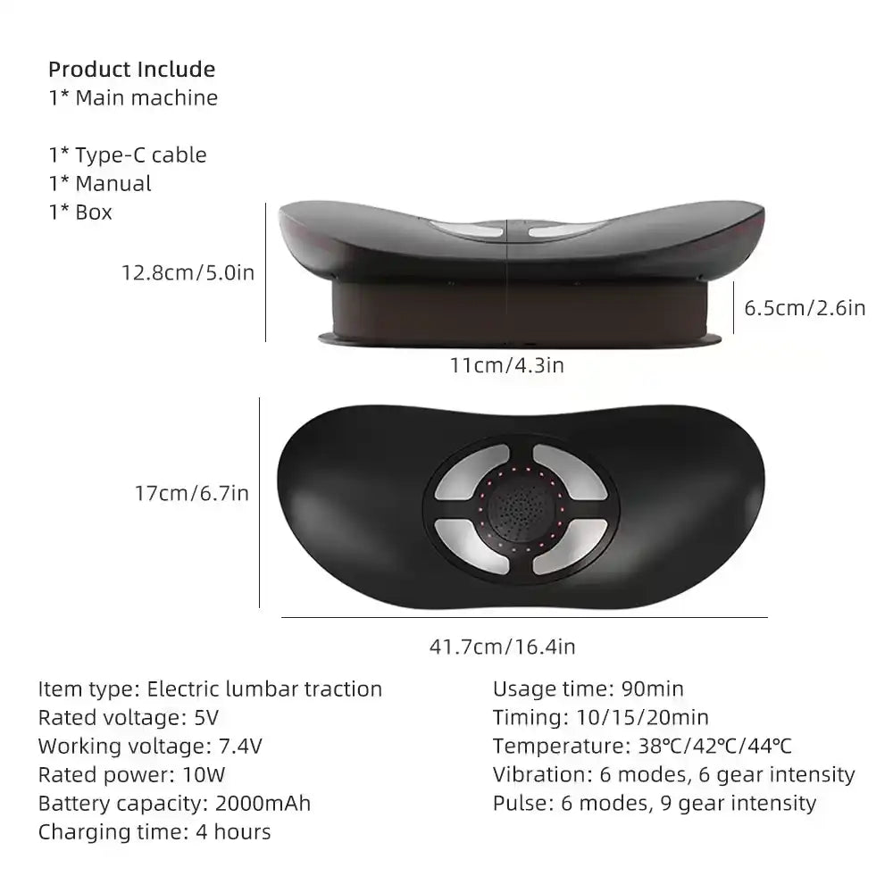 Luliqua TractionRelief product specifications and dimensions - side view shows gray S-shaped lumbar pillow with brown base measuring 12.8cm height, 11cm length, 6.5cm width, top view displays black elongated device with silver circular heating element and red indicator dots measuring 41.7cm length by 17cm width, product includes 1 main machine, 1 Type-C charging cable, 1 user manual, 1 retail box, technical specifications: electric lumbar traction device, rated voltage 5V, working voltage 7.4V, rated power