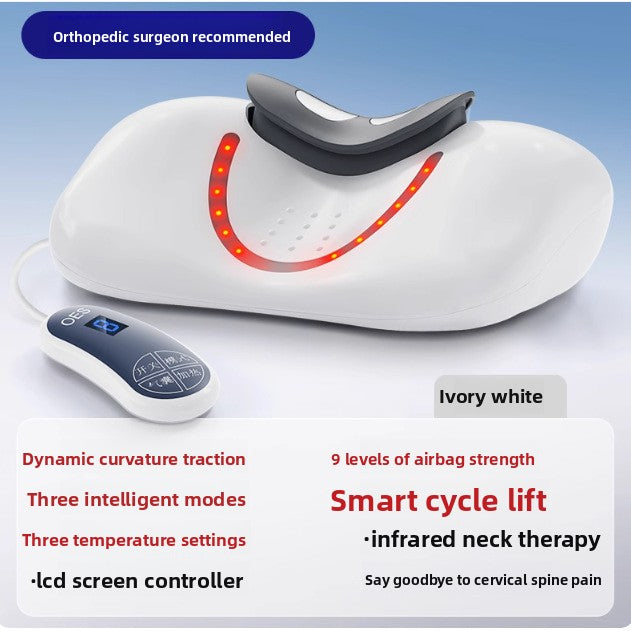 Luliqua CervicalRelief orthopedic surgeon recommended ivory white - dark gray metallic ergonomic foot-shaped cervical traction device with curved neck cradle, bright red LED heat therapy lights in U-shaped pattern with ventilation holes, silver oval LCD screen remote controller with OES logo and blue digital display showing mode icons, dynamic curvature traction with three intelligent modes, three temperature settings, 9 levels of airbag strength, smart cycle lift, infrared neck therapy to say goodbye