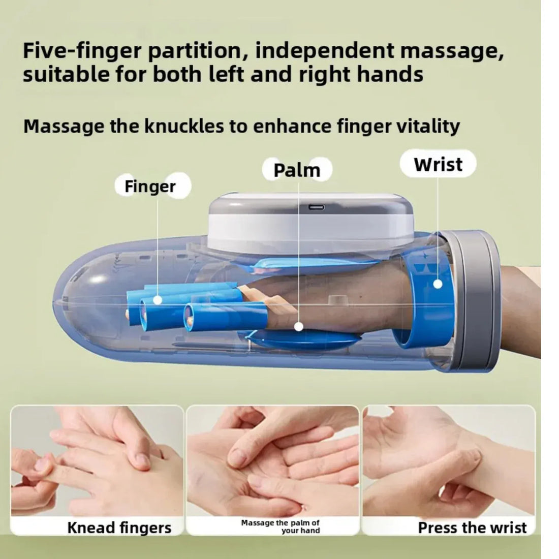Luliqua HandRelief Pro™ air compression hand massager — five-finger partition targeting fingers, palm and wrist independently