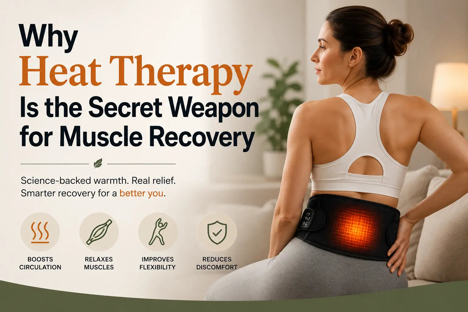 Woman using Luliqua heated waist belt for lower back pain relief and muscle recovery