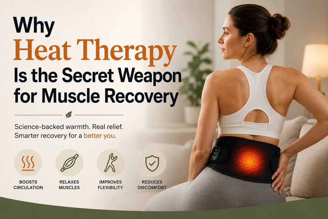 Woman using Luliqua heated waist belt for lower back pain relief and muscle recovery