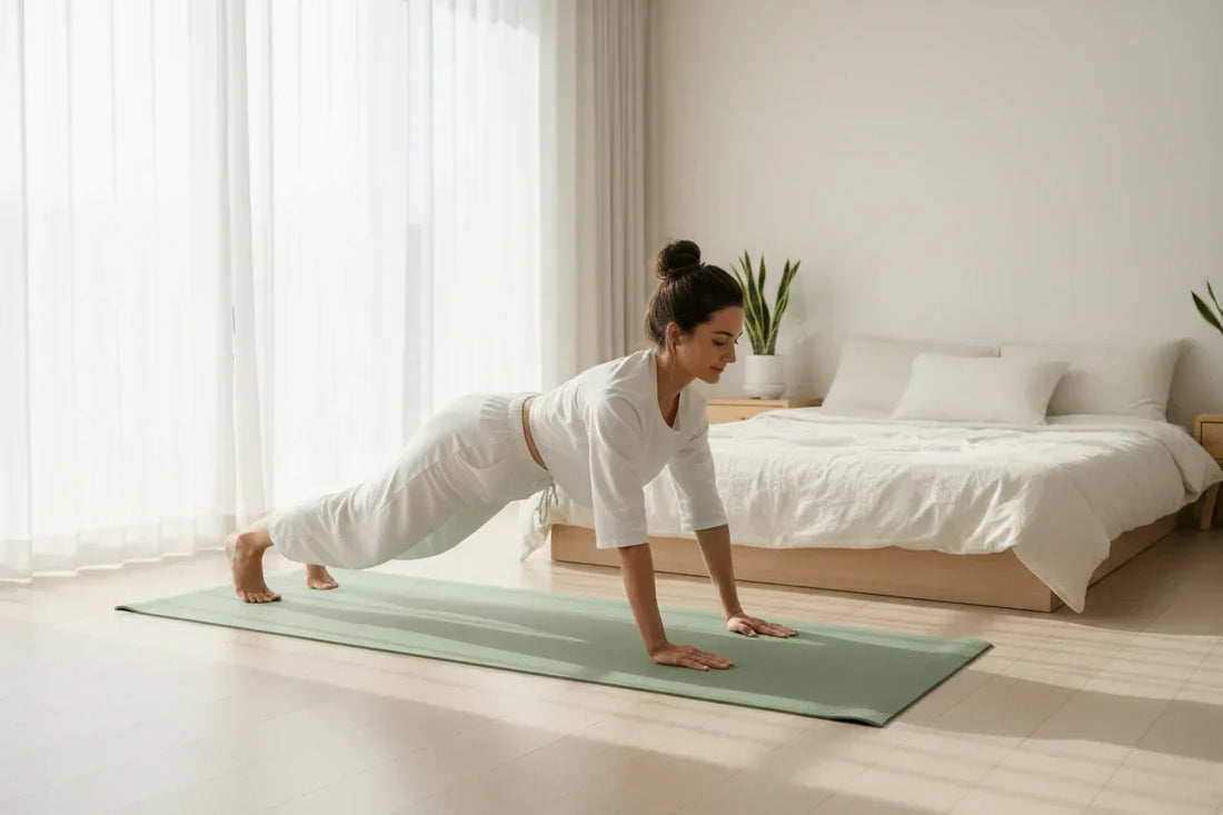 Woman doing a morning back stretch on a sage green yoga mat in a bright minimalist bedroom — 5-minute morning routine for lower back pain relief by LULIQUA