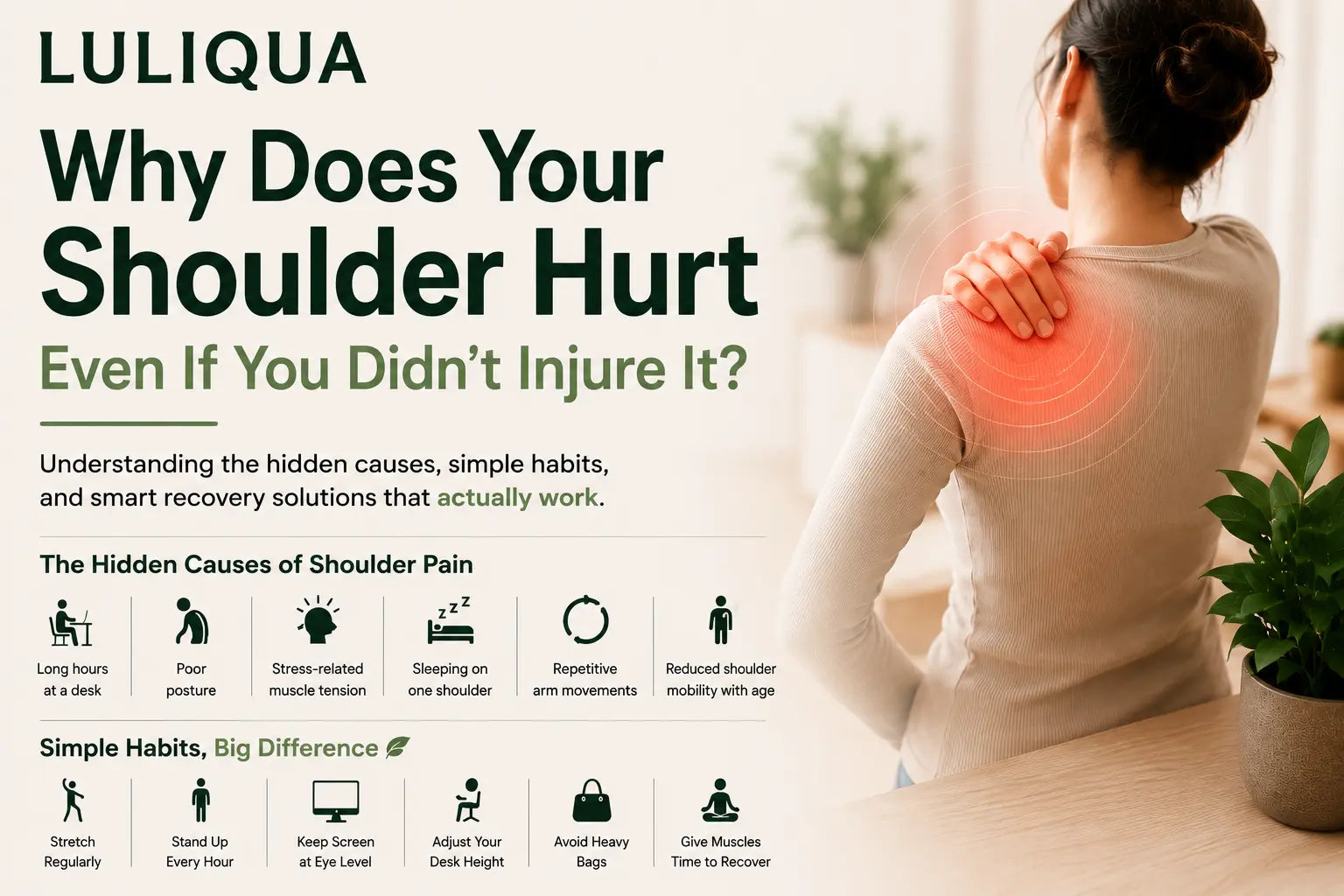 LULIQUA infographic: Why does your shoulder hurt even if you didn't injure it – hidden causes and simple habits for shoulder pain relief