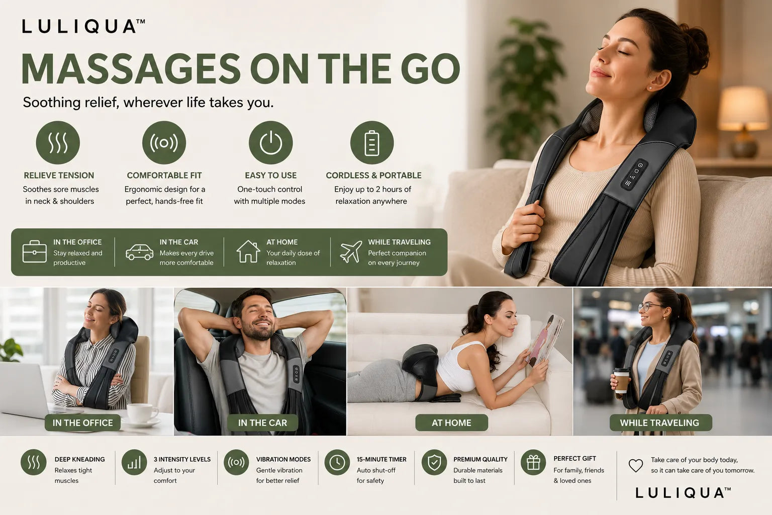 ShawlRelief Neck and Shoulder Massage Shawl by Luliqua – Cordless portable massager with deep kneading, 3 intensity levels, vibration modes and 15-minute timer, for use at the office, in the car, at home, and while traveling