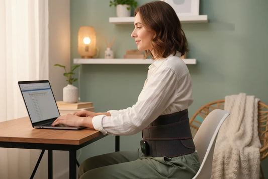 Woman wearing a heated back support belt while working at a laptop in a cozy home office with sage green walls and warm lighting