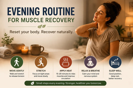 Woman relaxing after work in a cozy bedroom with icons illustrating a simple evening routine for muscle recovery, including gentle movement, stretching, heat therapy, breathing exercises, and quality sleep.