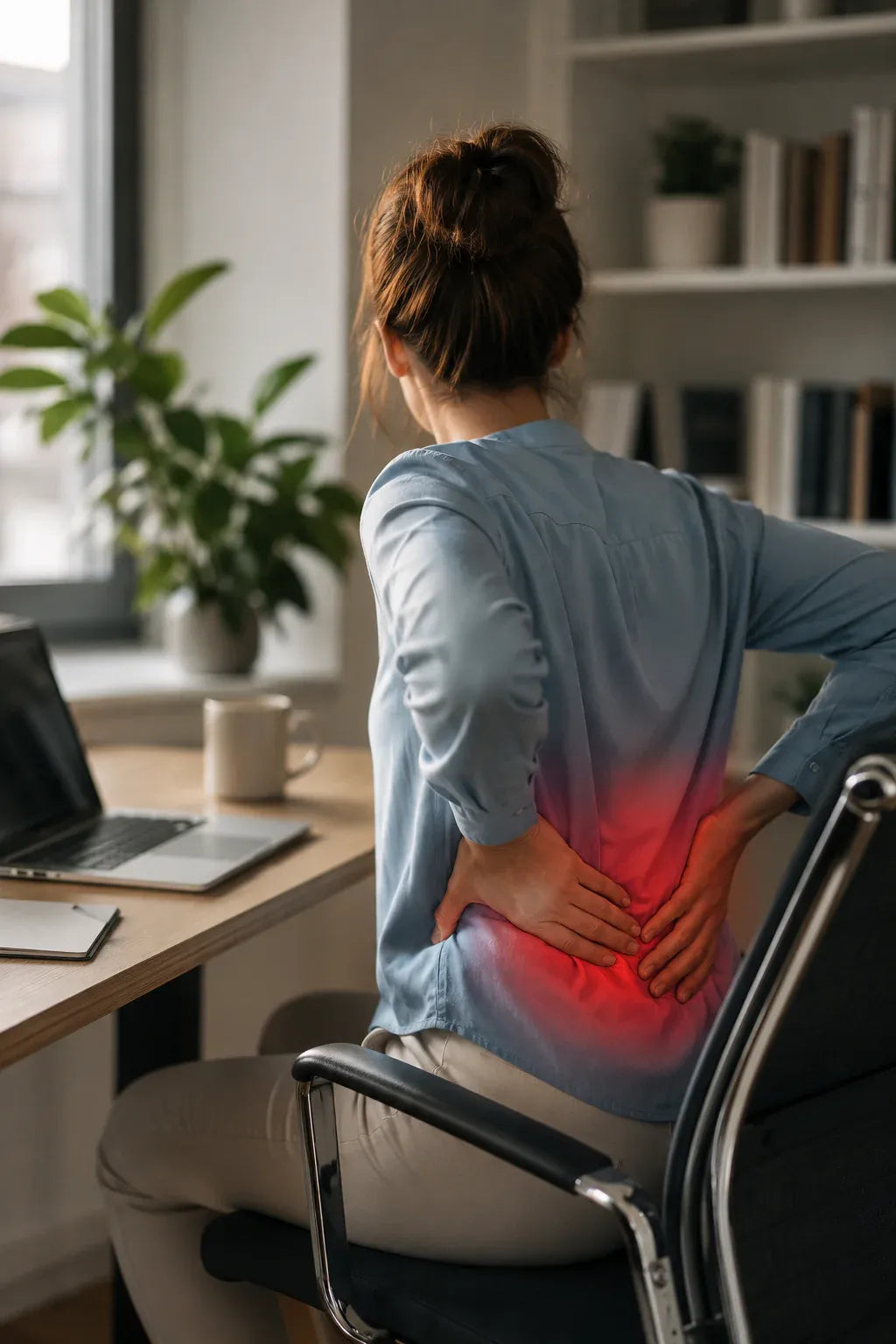 A woman sitting at a desk in a home office, holding her lower back in discomfort after prolonged sitting, illustrating the impact of sedentary work on spinal health.