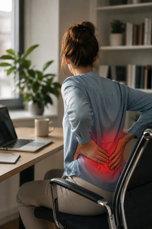 A woman sitting at a desk in a home office, holding her lower back in discomfort after prolonged sitting, illustrating the impact of sedentary work on spinal health.