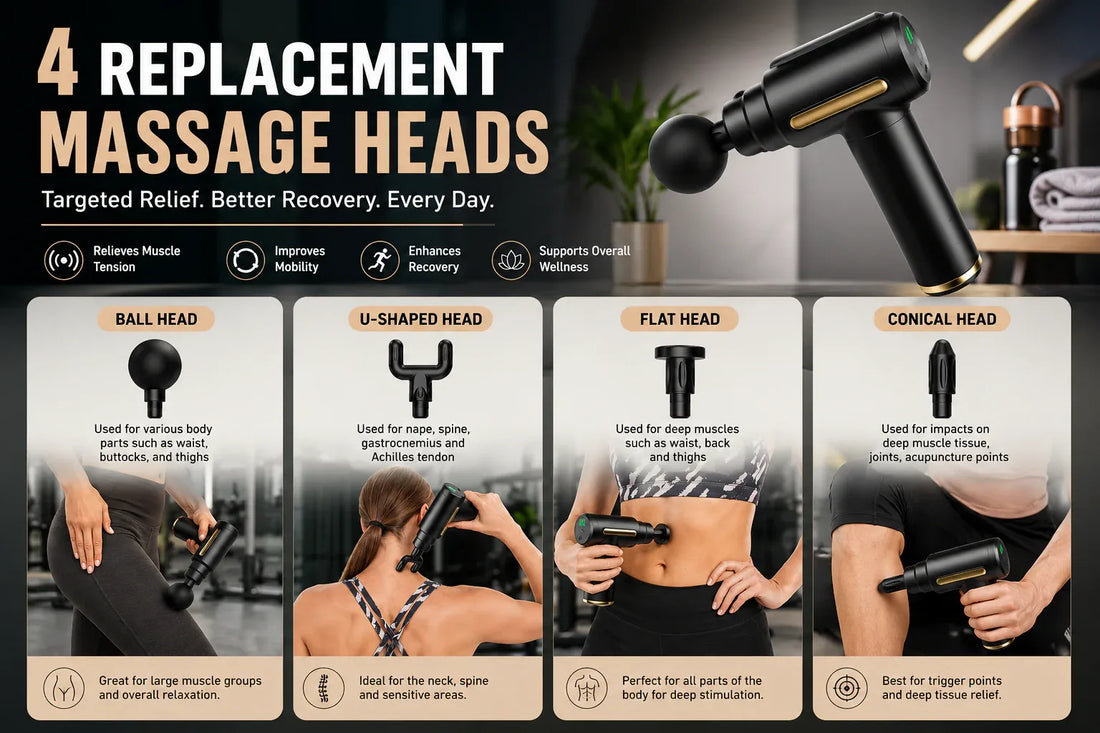 Massage gun with 4 replacement heads — Ball, U-Shaped, Flat, and Conical — for targeted muscle relief, improved mobility, and deep tissue recovery.
