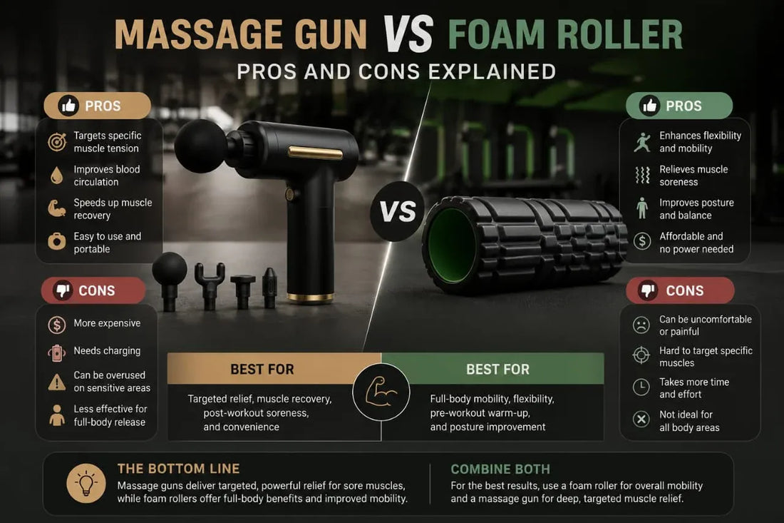 Infographic comparing massage gun vs foam roller — pros, cons, and best use cases for muscle recovery, targeted relief, flexibility, and post-workout soreness