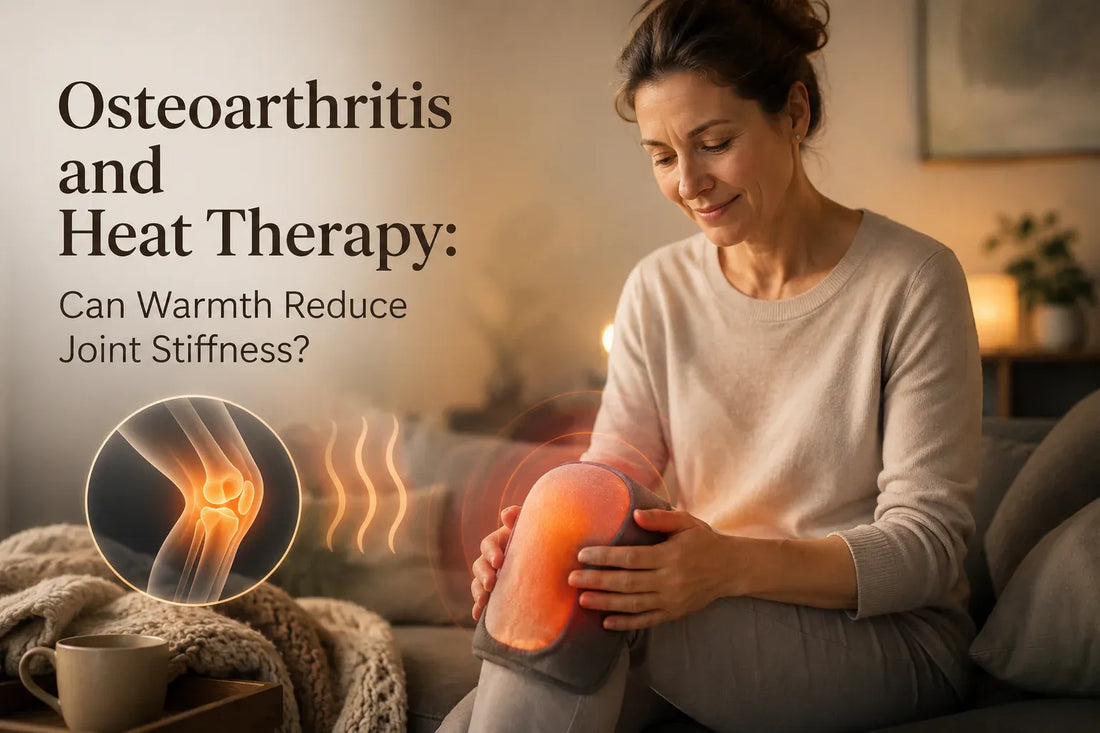 Woman applying heat therapy to knee for osteoarthritis joint stiffness relief
