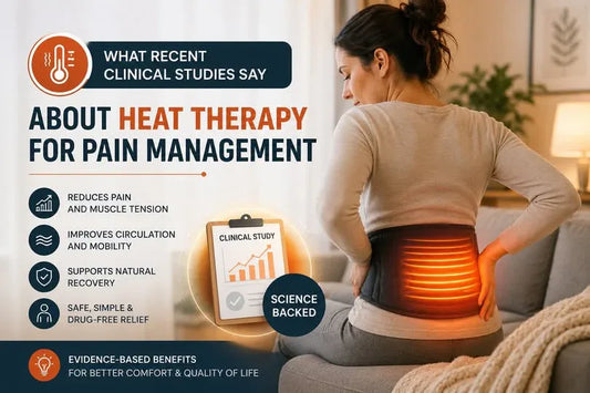 Clinical study infographic showing heat therapy benefits for pain management — reduces muscle tension, improves circulation, supports natural recovery, and provides safe drug-free relief