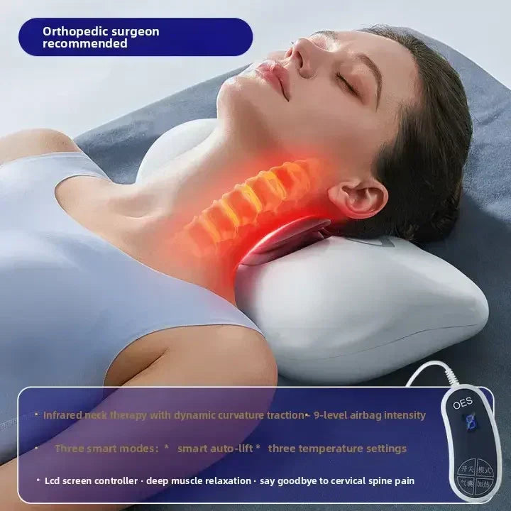 Woman lying down using an infrared neck therapy device with heat and airbag compression for cervical spine pain relief
