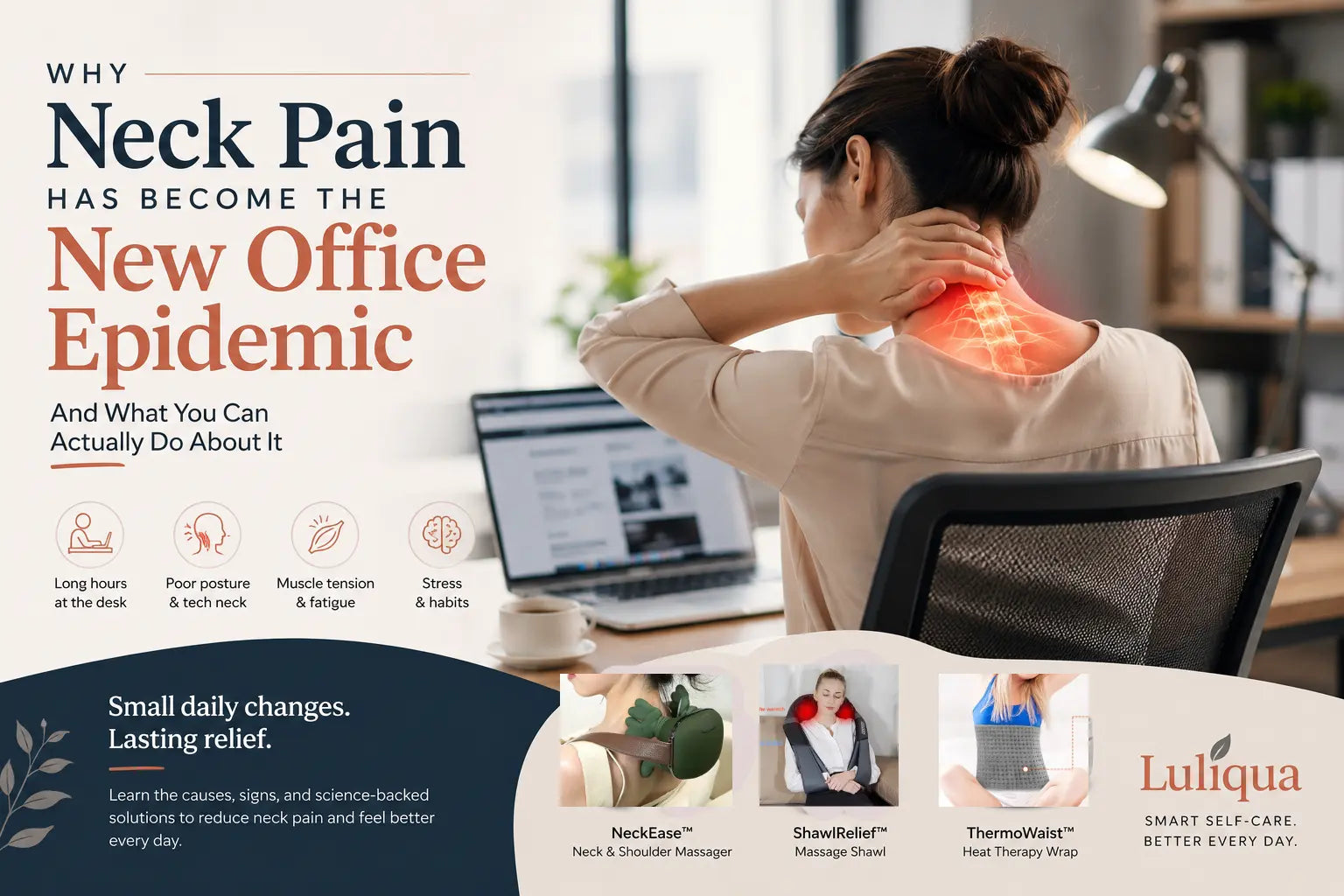 Woman at office desk holding neck in pain - Luliqua NeckEase massager, ShawlRelief massage shawl, and ThermoWaist heat wrap for neck pain relief
