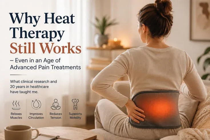 Woman sitting comfortably at home using a heated back wrap for lower back pain relief. The image represents heat therapy, muscle recovery, improved circulation, and evidence-based pain management in a wellness setting.