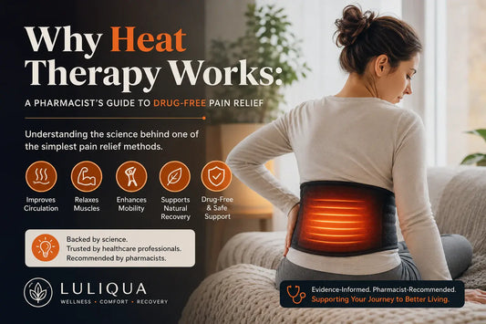 Woman sitting comfortably at home using a heated therapy belt on her lower back, illustrating how heat therapy supports drug-free pain relief by improving circulation, relaxing muscles, enhancing mobility, and promoting natural recovery.