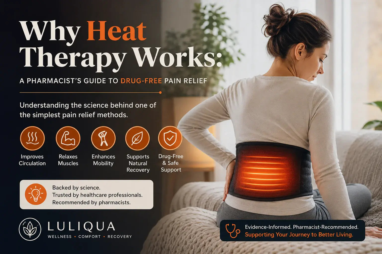 Woman sitting comfortably at home using a heated therapy belt on her lower back, illustrating how heat therapy supports drug-free pain relief by improving circulation, relaxing muscles, enhancing mobility, and promoting natural recovery.