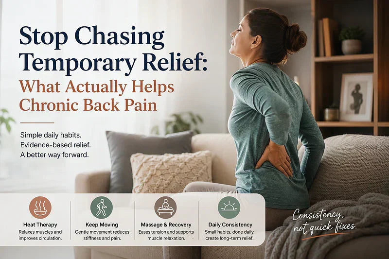 Woman with chronic back pain learning evidence-based relief methods including heat therapy, gentle movement, massage, and daily consistency