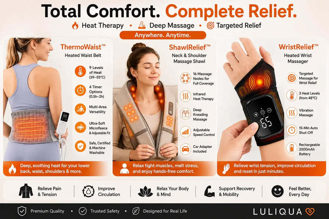 ThermoWaist, ShawlRelief, and WristRelief — Heat Therapy and Massage Devices by Luliqua for Pain Relief and Daily Recovery