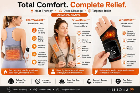 ThermoWaist, ShawlRelief, and WristRelief — Heat Therapy and Massage Devices by Luliqua for Pain Relief and Daily Recovery