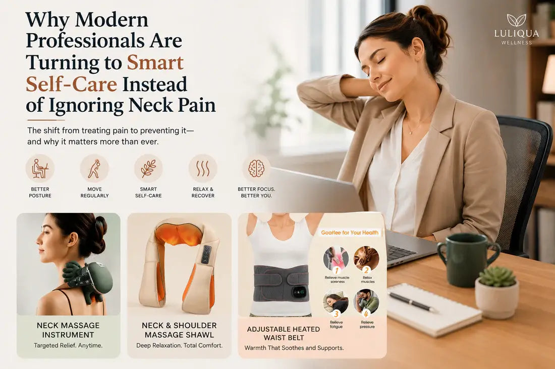 Woman sitting at a desk stretching her neck, with LULIQUA wellness products including a neck massager, shoulder massage shawl, and heated waist belt — promoting smart self-care for modern professionals with neck and back pain relief.