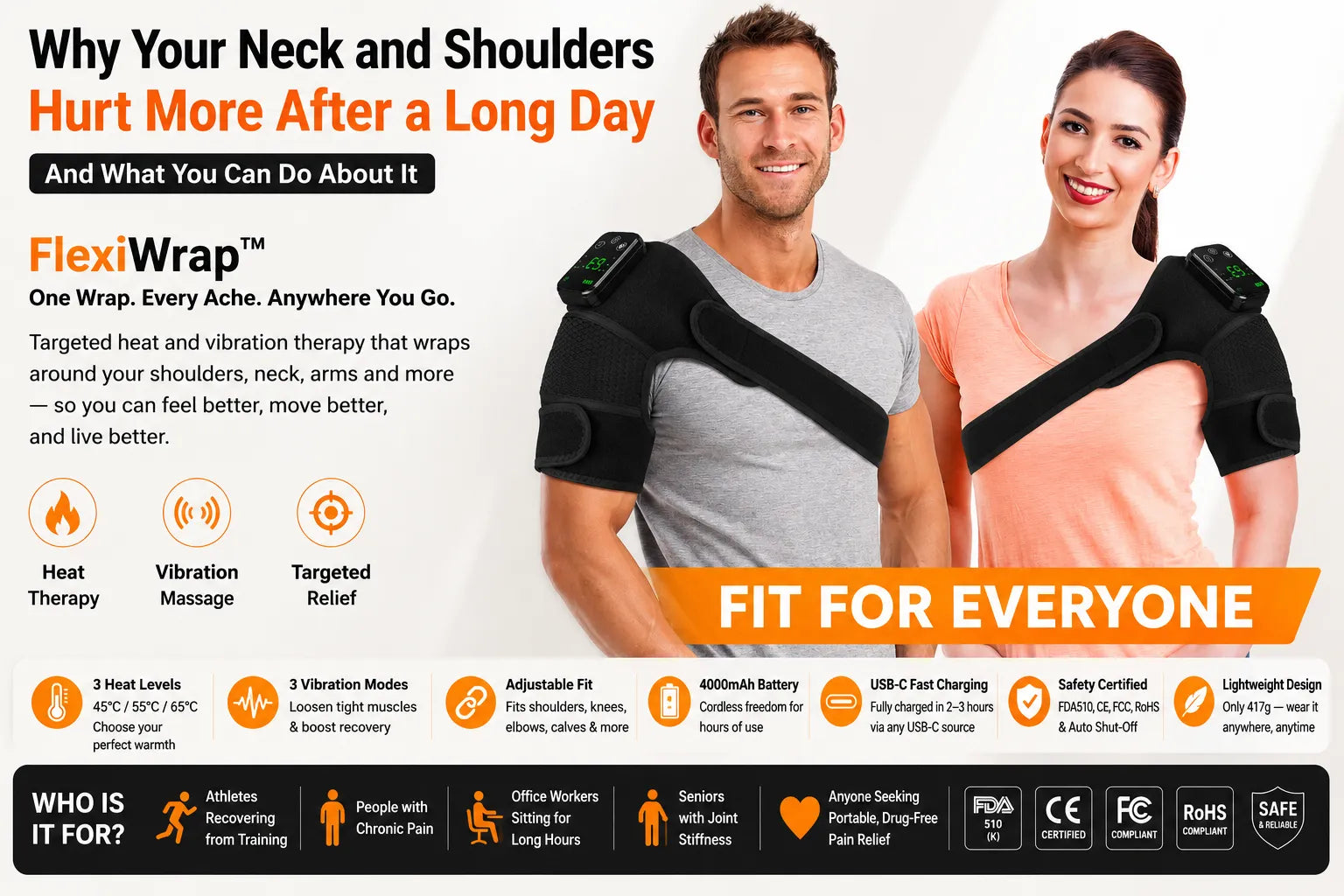 FlexiWrap™ Heat and Vibration Wrap worn by a man and woman — targeted shoulder and neck pain relief with 3 heat levels, 3 vibration modes, and cordless design