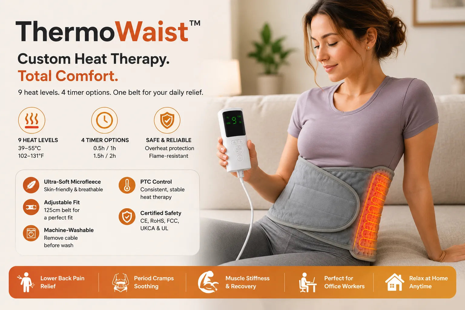 ThermoWaist Electric Heated Belt – 9 Heat Levels, 4 Timer Options, Ultra-Soft Microfleece, Lower Back Pain Relief and Muscle Recovery for Office Workers