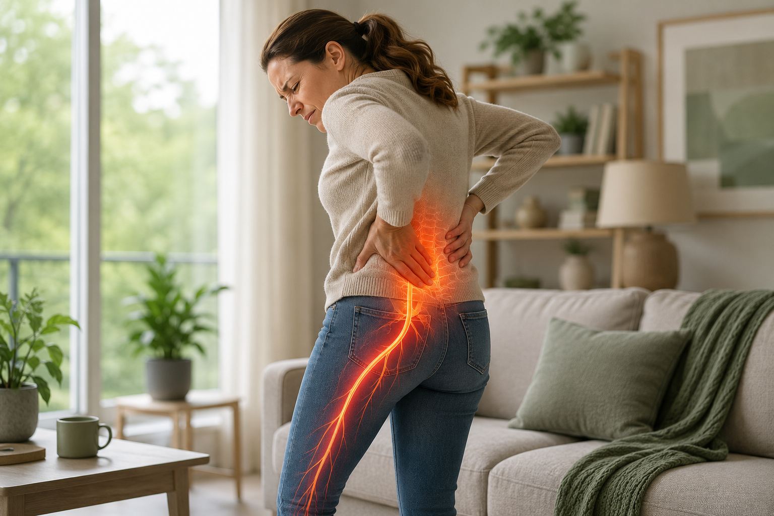 Woman holding her lower back in pain at home, with sciatic nerve highlighted in orange showing pain radiating down the leg
