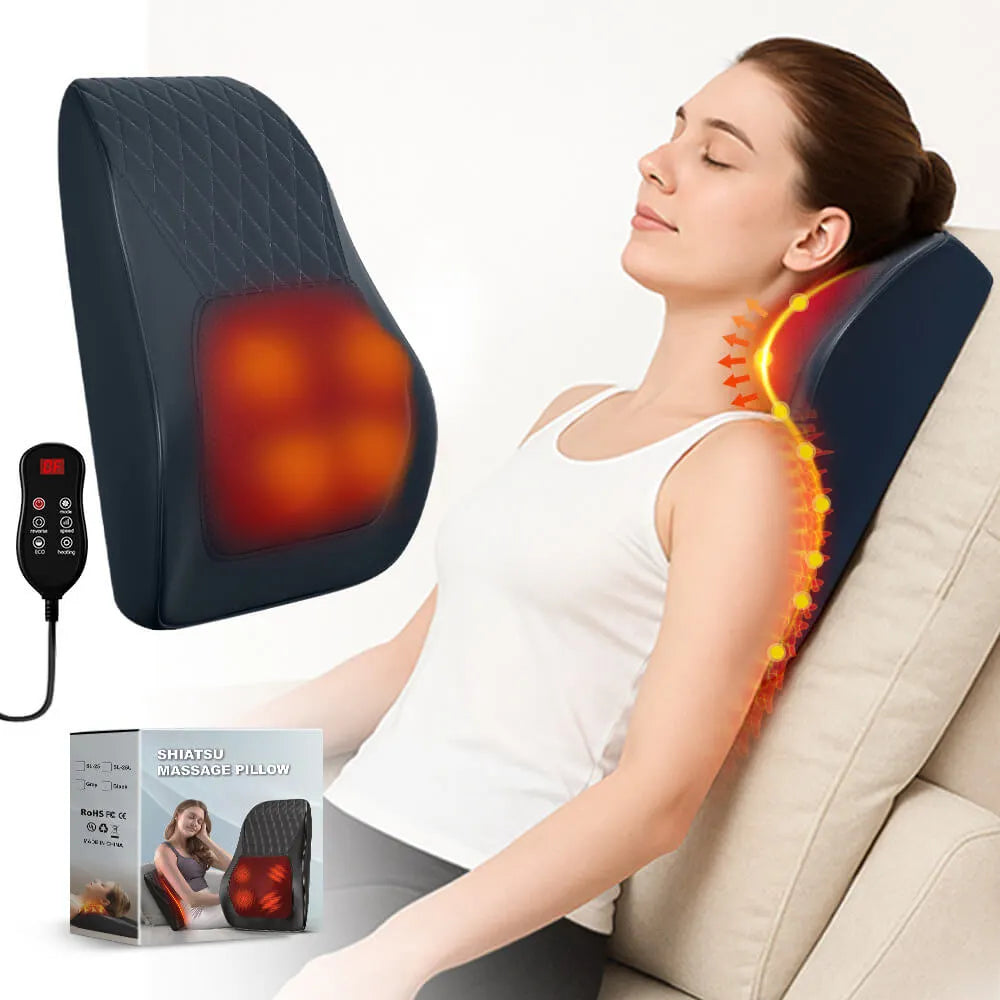Luliqua ShoulderRelief shiatsu massage pillow complete package - blue ergonomic U-shaped neck and shoulder massager with kneading nodes, silver oval digital LCD remote controller with multiple function buttons, original retail packaging box displaying product image and features, all items arranged on clean white background, professional product photography showing what's included: massage pillow, wireless remote, user manual, power adapter, premium quality shiatsu therapy system for home use