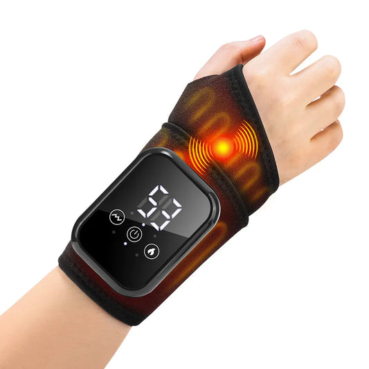 Luliqua WristRelief heated wrist support brace with infrared heat therapy and digital LED display showing temperature 53°C - compression massage for carpal tunnel and wrist pain relief