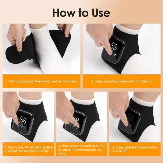 Luliqua AnkleRelief massager how to use guide - 5 step instructions for wearing, powering on, adjusting vibration intensity, setting temperature, and turning off