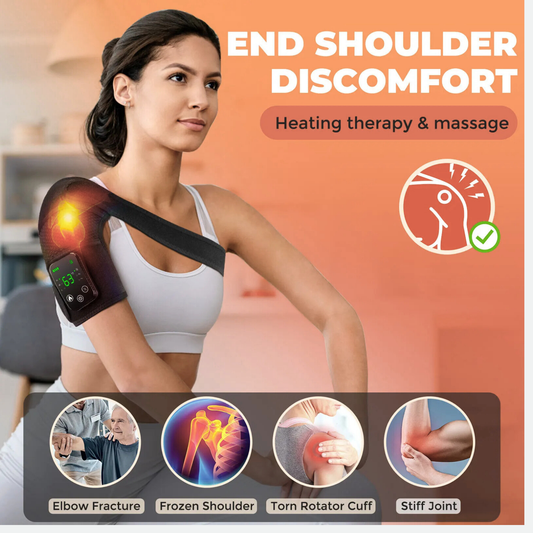 Luliqua ShoulderRelief end shoulder discomfort - woman wearing black heated shoulder massager with LED display showing 63°C and orange infrared heat glow, heating therapy and massage for elbow fracture, frozen shoulder, torn rotator cuff, and stiff joint relief
