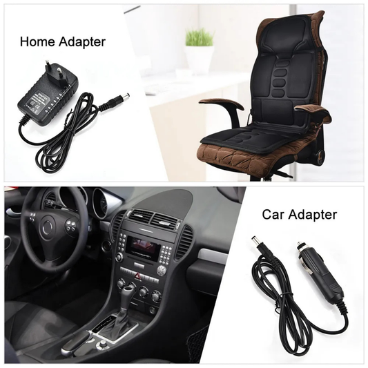 Luliqua SeatComfort dual power options - home adapter showing black AC wall plug with barrel connector cable for office and home use with black massage cushion on brown leather chair, car adapter showing black cigarette lighter plug with cable for vehicle use in car interior with dashboard and steering wheel