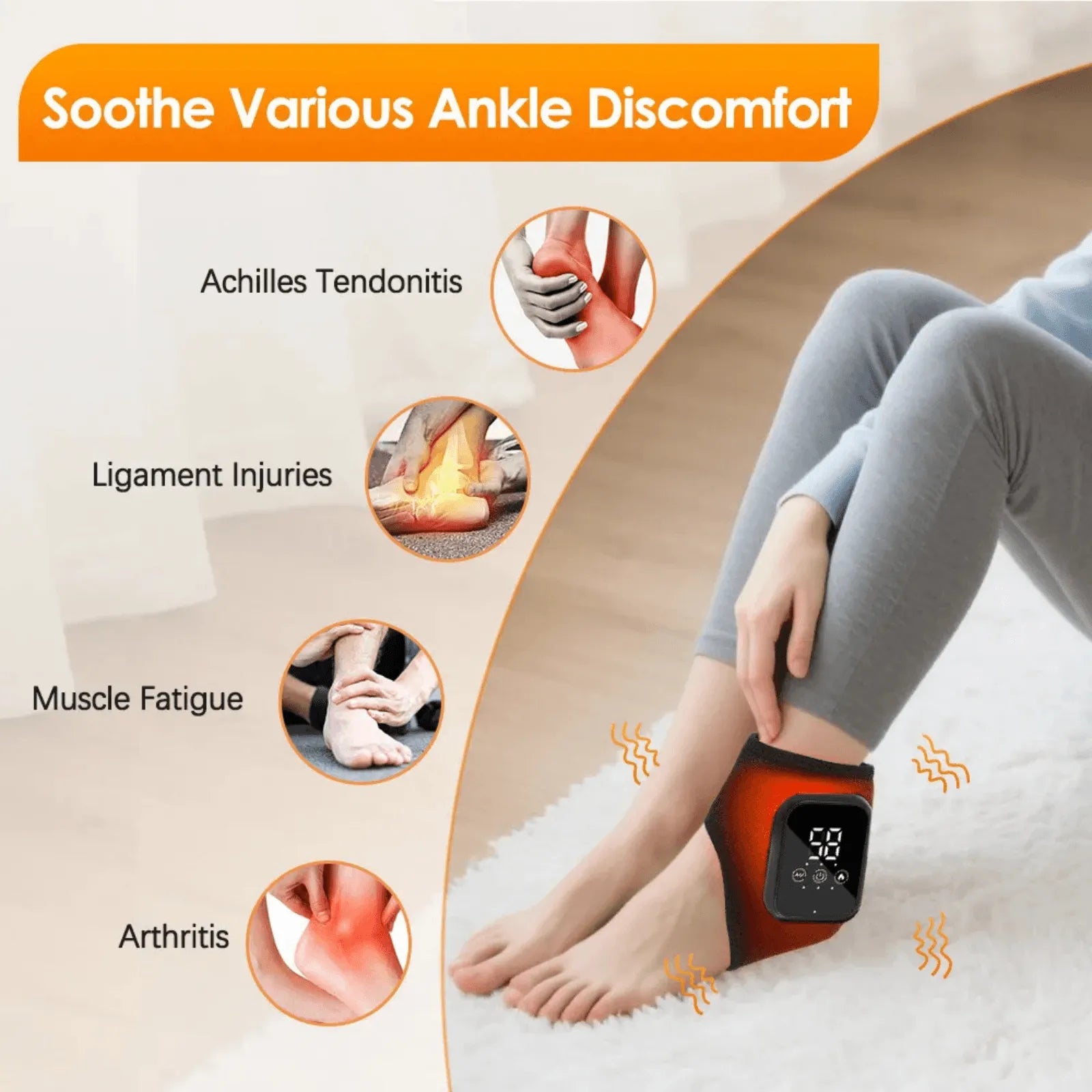 Ankle massager being used on a leg with text indicating it soothes ankle discomfort | Best Ankle Massager with Heat Therapy for Pain Relief | Rechargeable & Portable