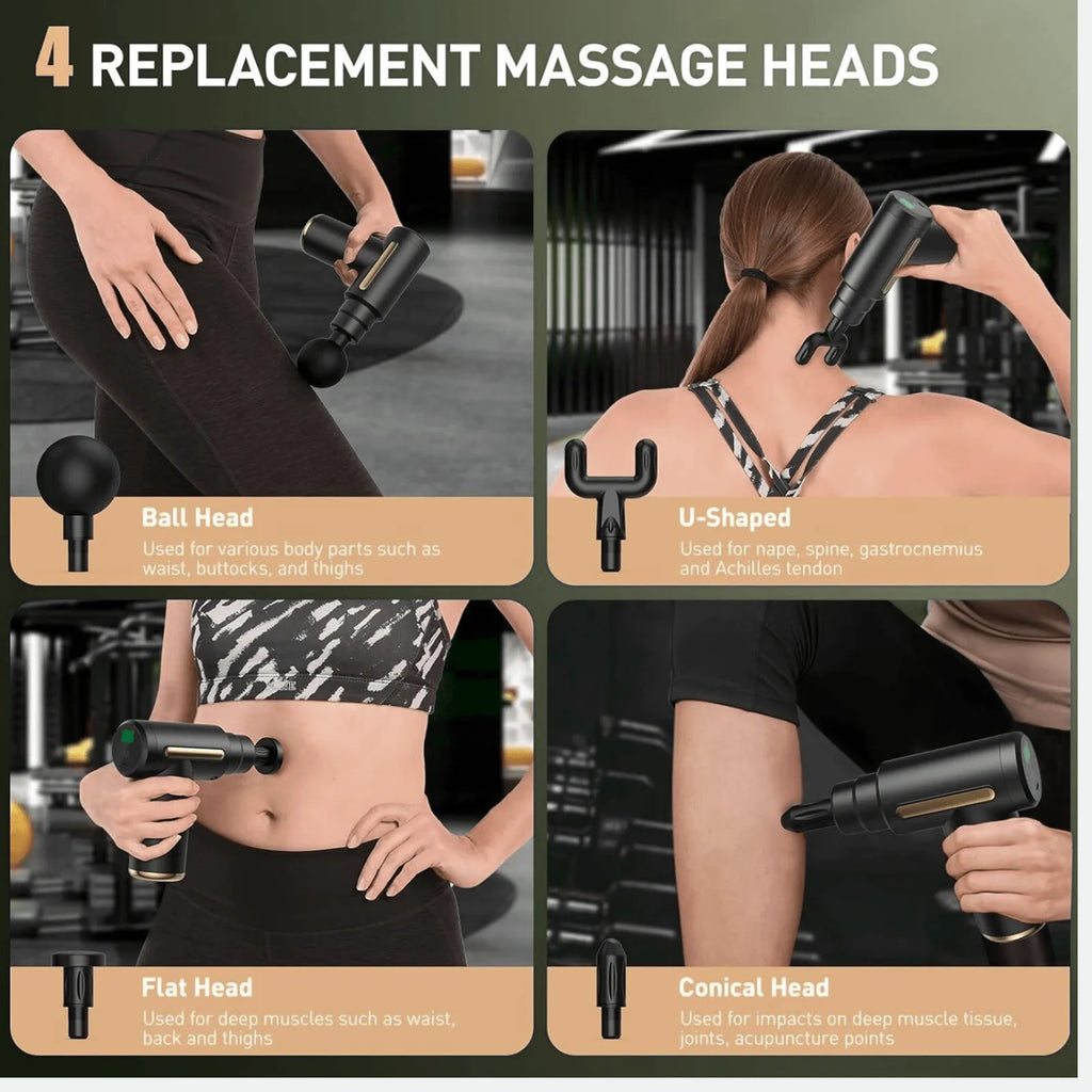 Best Mini Portable Massage Gun for Muscle Recovery | Quiet & Compact | Replacement massage heads for a handheld massage device with usage examples.