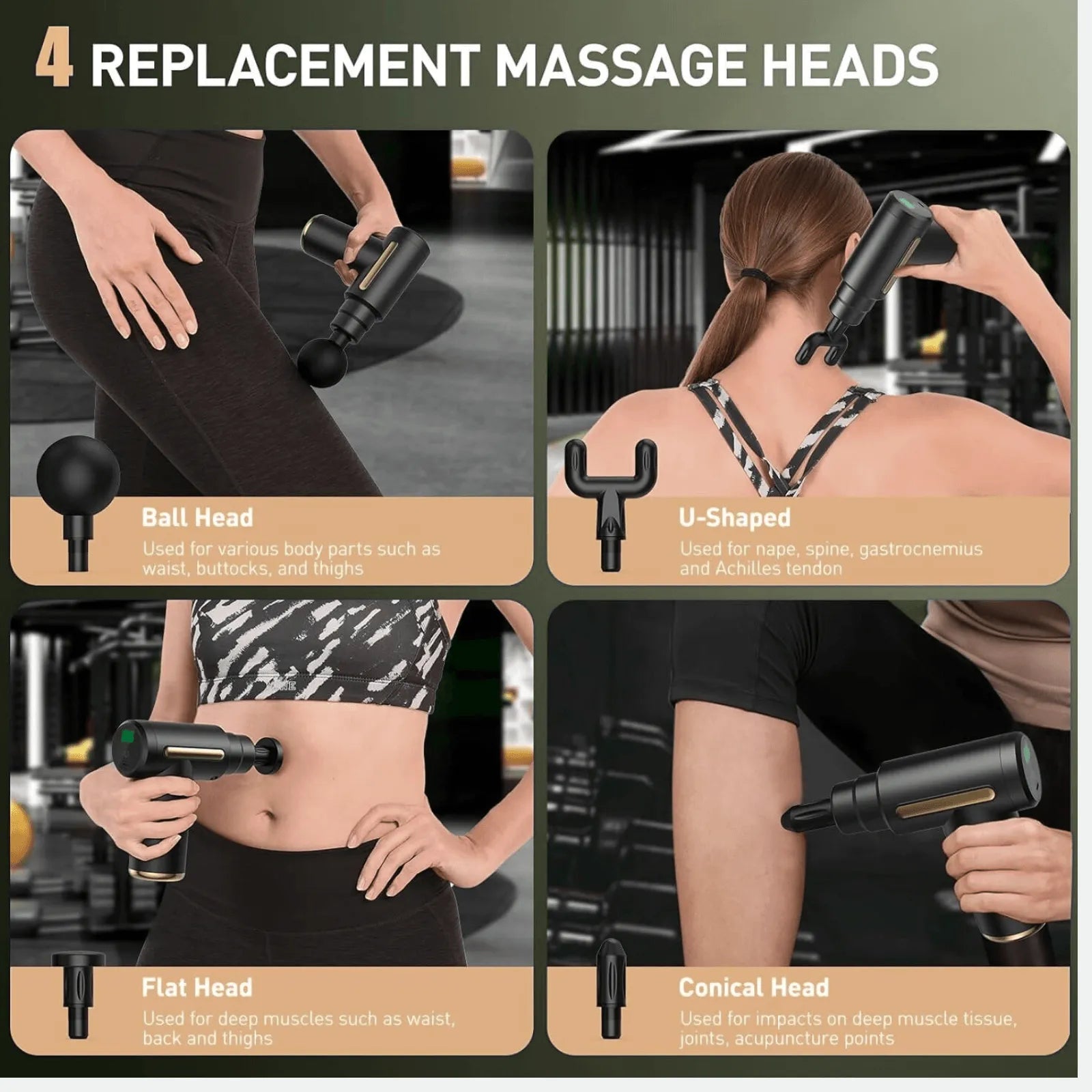 Best Mini Portable Massage Gun for Muscle Recovery | Quiet & Compact | Replacement massage heads for a handheld massage device with usage examples.