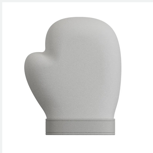 Luliqua HandRelief Pro gray hand massager front view - gray textured fabric mitten-shaped massager with thumb protrusion on left side, smooth rounded body, horizontal band near bottom forming wrist cuff, ergonomic design for complete hand coverage