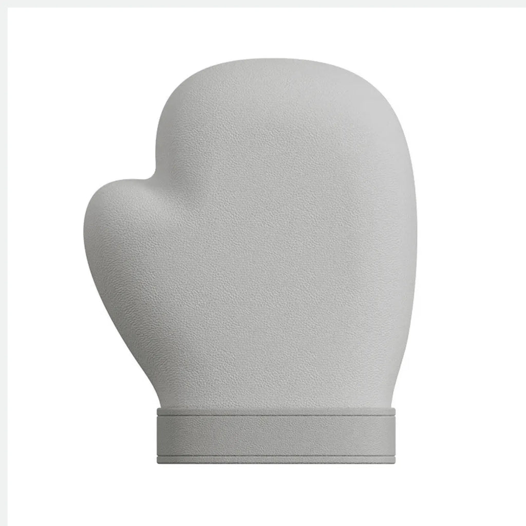 Luliqua HandRelief Pro gray hand massager front view - gray textured fabric mitten-shaped massager with thumb protrusion on left side, smooth rounded body, horizontal band near bottom forming wrist cuff, ergonomic design for complete hand coverage