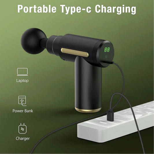 PulseMini massage gun with USB Type-C charging port compatible with laptop, power bank, and wall charger for convenient cordless operation