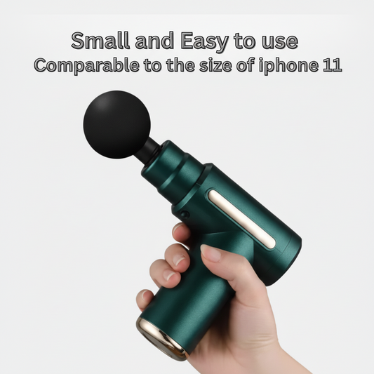 Hand holding compact PulseMini massage gun showing iPhone 11 size comparison - small lightweight design with ergonomic grip and ball massage head