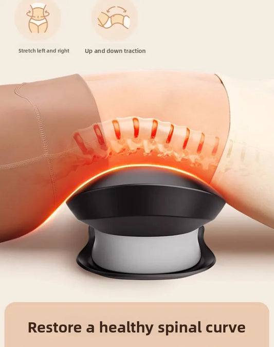 Luliqua LumbarComfort restore healthy spinal curve - lower back resting on black and white curved lumbar support device with orange heat therapy glow and red vertical massage nodes, demonstrating stretch left and right plus up and down traction movements for spinal decompression and posture correction