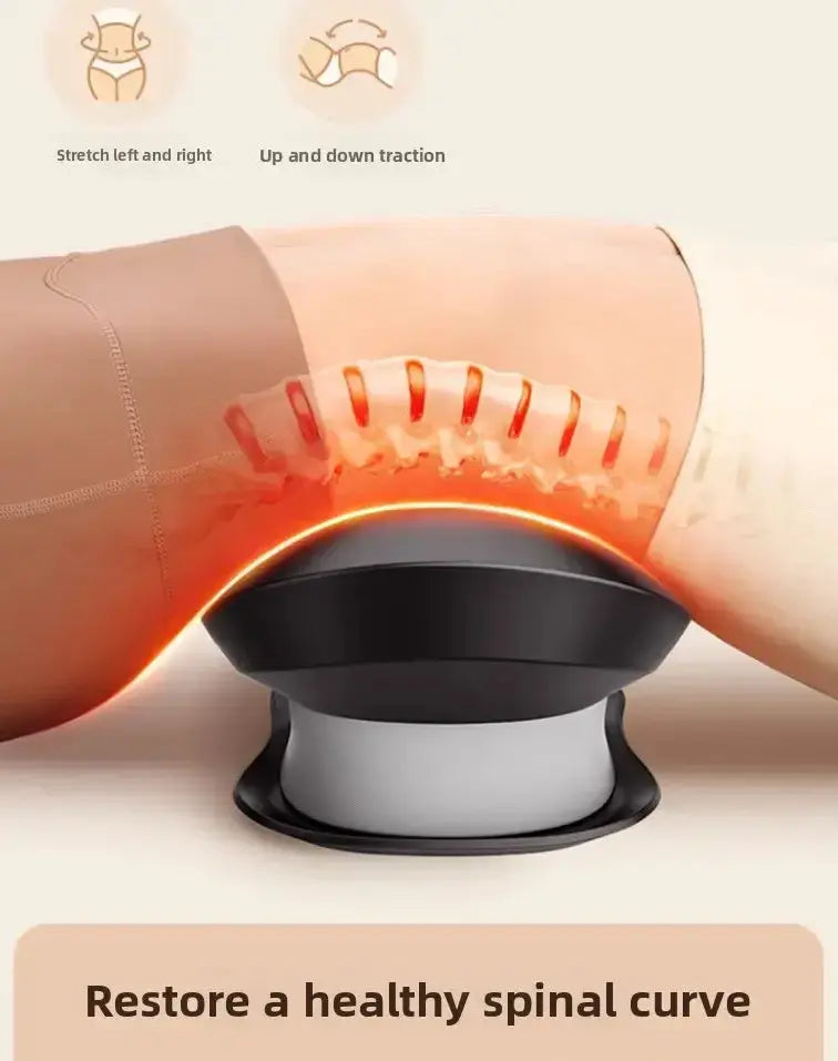 Luliqua LumbarComfort restore healthy spinal curve - lower back resting on black and white curved lumbar support device with orange heat therapy glow and red vertical massage nodes, demonstrating stretch left and right plus up and down traction movements for spinal decompression and posture correction