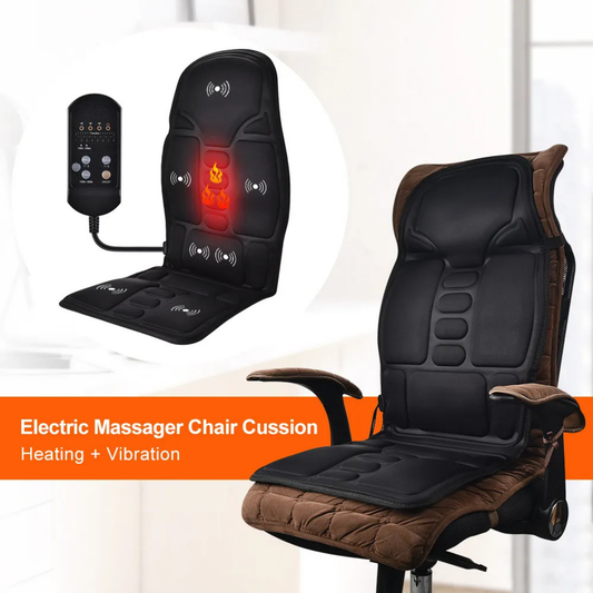 Luliqua SeatComfort electric massager chair cushion with heating and vibration - black massage seat cushion with wired remote control showing 7 vibration motor zones marked with white wave icons, red and orange flame visualization on lumbar heating zone, installed on brown leather office chair with armrests demonstrating universal fit for office, car and home use