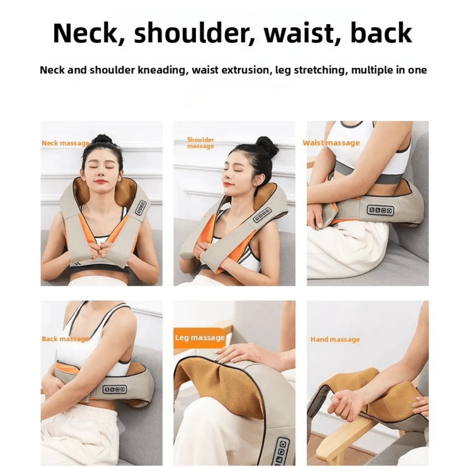 Luliqua ShawlRelief multi-functional massage for neck, shoulder, waist, back - 6 usage demonstrations showing woman with hair in bun using beige U-shaped massager with brown mesh nodes and control panel for neck massage while reading, shoulder massage in side position, waist massage while sitting on couch, back massage on lower back, leg massage on calf with golden mesh fabric, and hand massage demonstration, text reads neck and shoulder kneading, waist extrusion, leg stretching, multiple in one