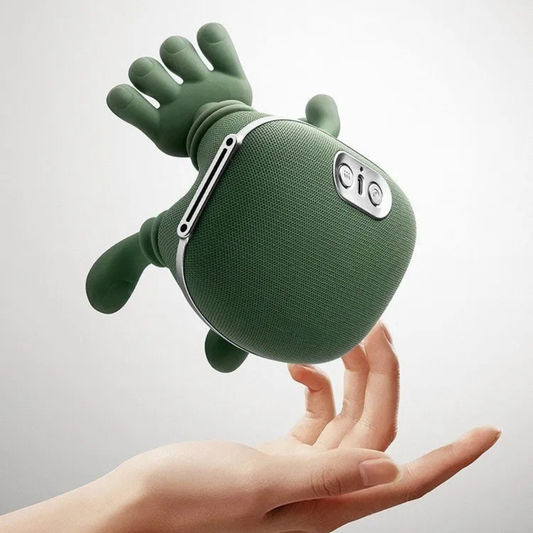 Luliqua NeckEase green crab-shaped cordless neck and shoulder massager - cute portable design with 3-button control panel, USB-C charging port, ergonomic massage arms for deep tissue relief