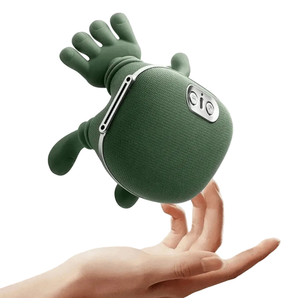 Luliqua NeckEase green crab-shaped cordless neck and shoulder massager - cute portable design with 3-button control panel, USB-C charging port, ergonomic massage arms for deep tissue relief