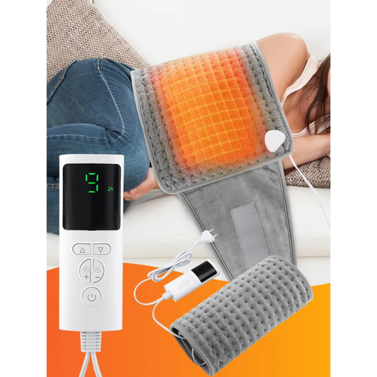 Luliqua ThermoWaist complete package - LED digital controller showing level 9 and 2h timer, graphene heating pad with adjustable straps, USB charging cable included