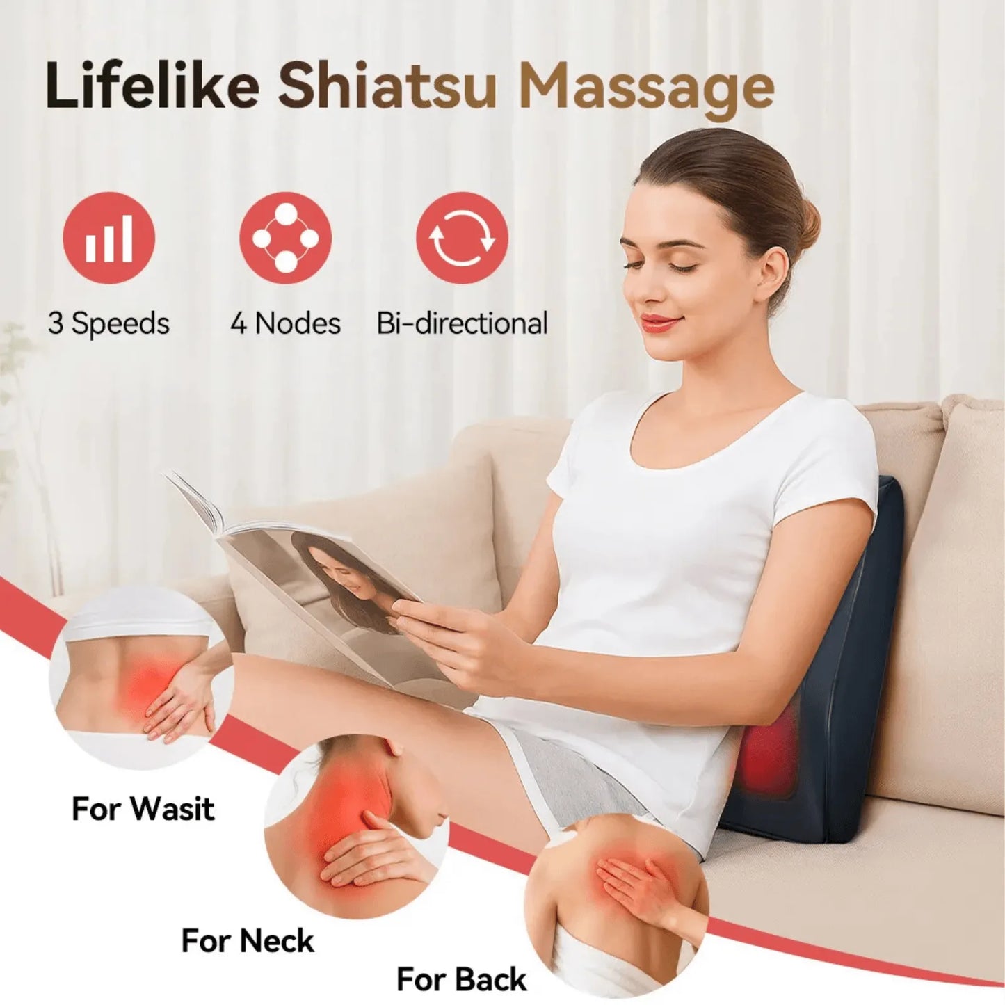 Luliqua ShoulderRelief lifelike shiatsu massage - 3 speeds, 4 rotating massage nodes, bi-directional kneading for waist, neck, and back pain relief while reading