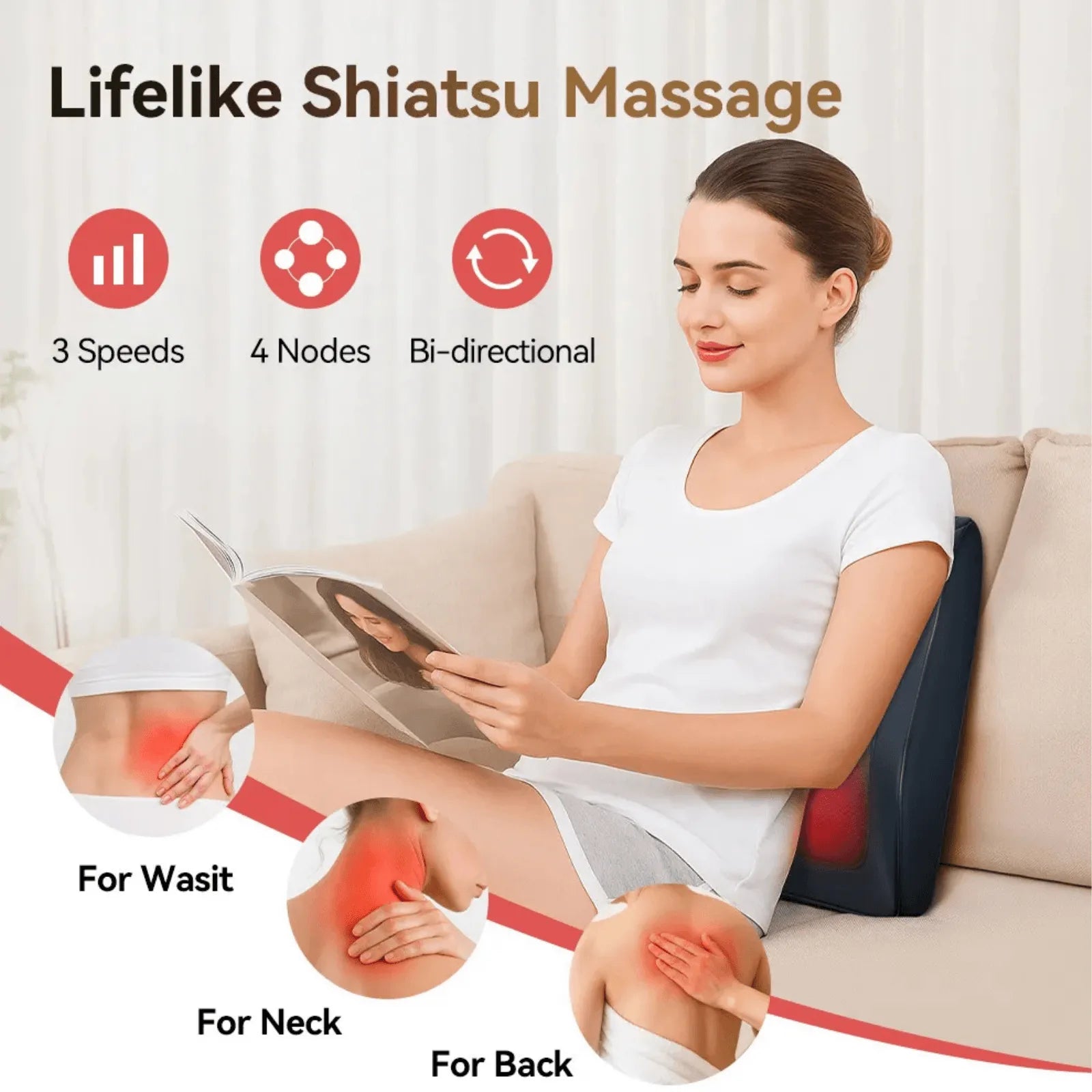 Luliqua ShoulderRelief lifelike shiatsu massage - 3 speeds, 4 rotating massage nodes, bi-directional kneading for waist, neck, and back pain relief while reading
