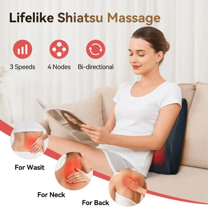 Luliqua ShoulderRelief lifelike shiatsu massage - 3 speeds, 4 rotating massage nodes, bi-directional kneading for waist, neck, and back pain relief while reading
